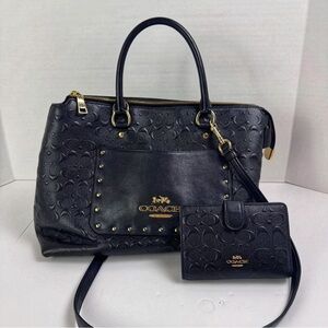 Coach Black Embossed Leather Tote and Wallet Set